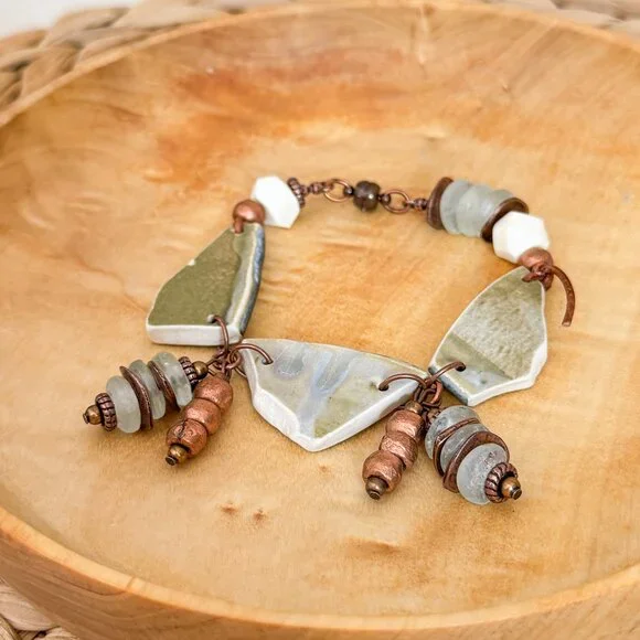 Chunky boho glass bead bracelet with copper charms - Picture 2 of 10